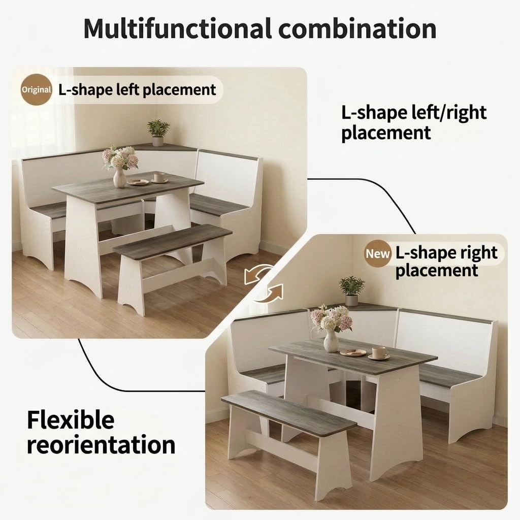 Farmhouse Breakfast Nook Table Set, Dining Nook Set with Corner Bench,with Storage Function Mid Century Modern Small Dining Table Set, Kitchen Table Corner Set (Gray + White)