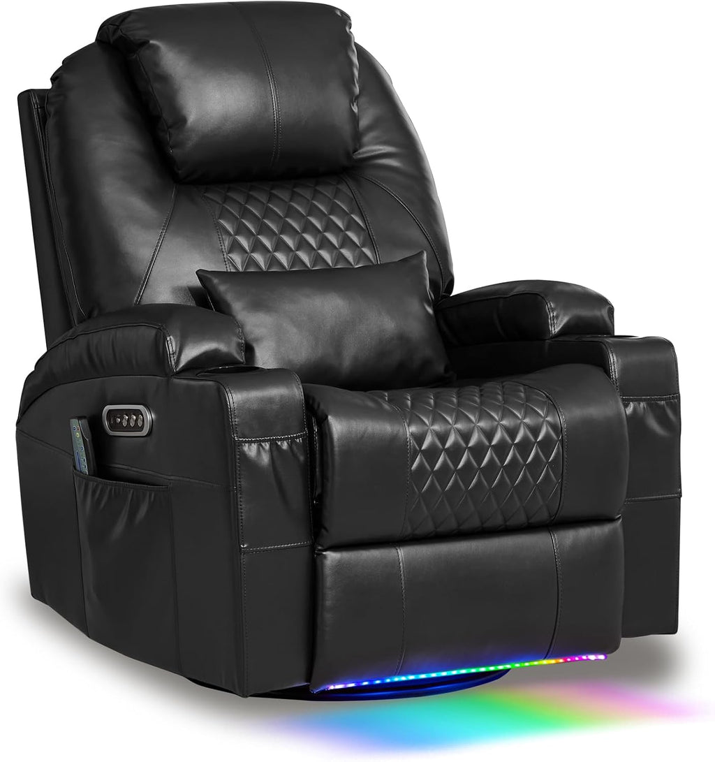 AHMED Dual Motor Power Swivel Rocker Recliner Chair, Faux Leather, Black | Electric Glider Rocking Chair, Massage & Heat, Cup Holders, LED Lights, USB A/USB C Ports