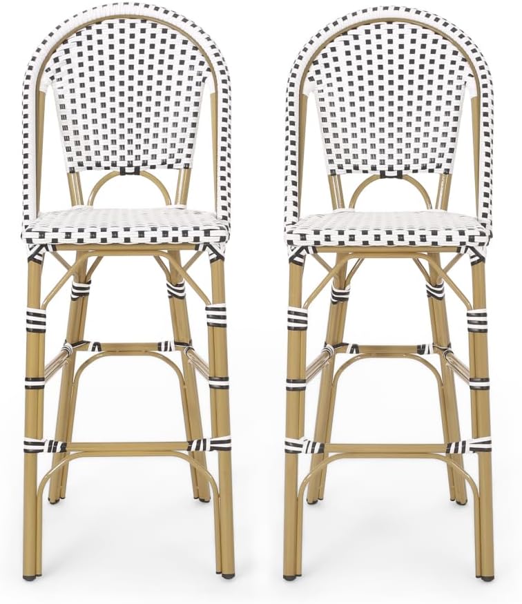 Saiveina 29.5" Outdoor PE Rattan French Barstool, White and Black, Aluminum Frame with Bamboo Finish (Set of 2)
