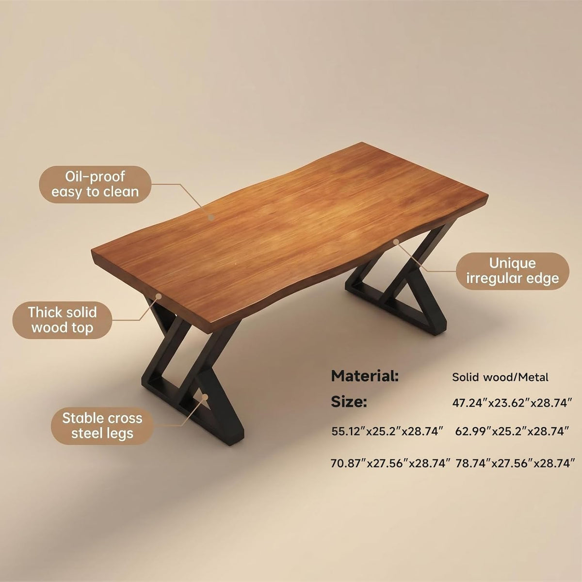 tiedingding 47" Solid Wood Dining Table, Rectangular Kitchen Table with Irregular Live Edge & Thick Tabletop, X-Shape Metal Legs, Oil Proof & Easy Clean, Rustic Brown， for 2-4 People