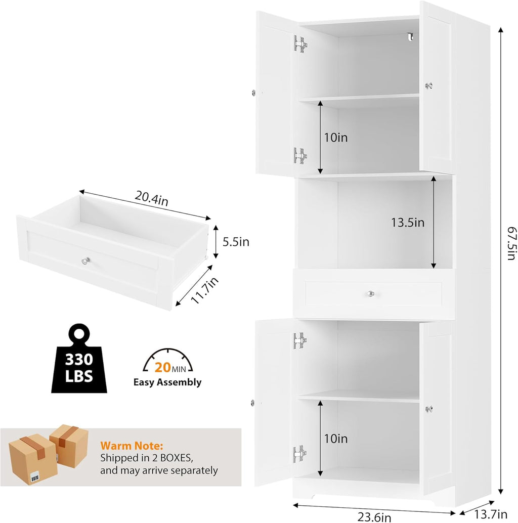 Set of 2 Tall Kitchen Pantry Storage Cabinet with Doors and Shelves, White | Modern Kitchen Hutch Cabinet with Storage Drawer & Bar Cabinet, 67” Cupboard Furniture Set for Kitchen and Dining Living Room