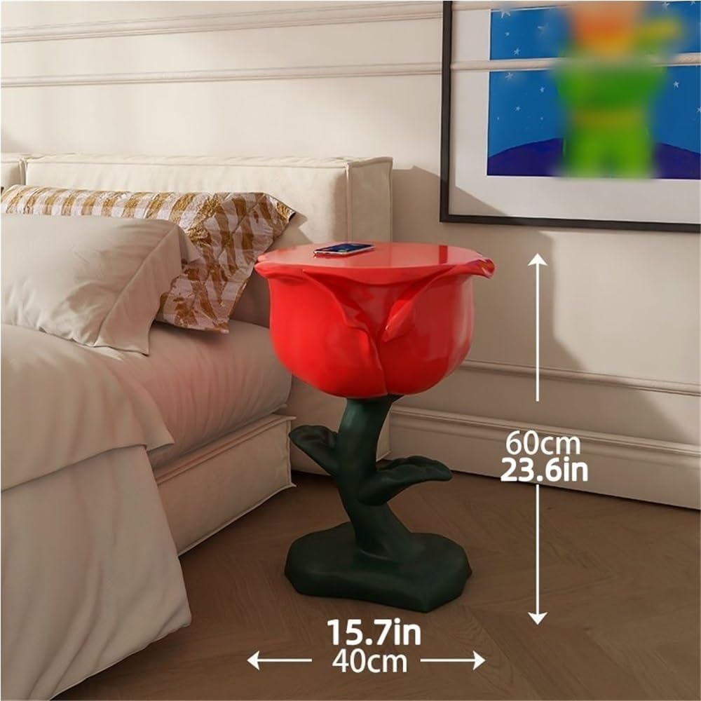 Romantic Rose-Shaped Side Table, Resin Bedside Table with Round Corner, Multi-Functional End Table, Decorative Table for Living Room, Bedroom