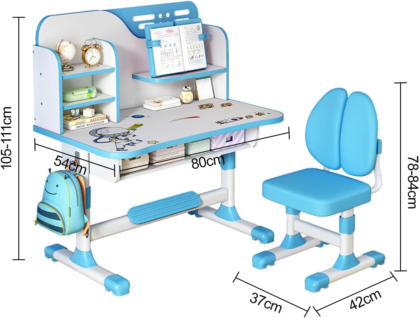 Kids Desk and Chair Set | Adjustable Study Table with Bookshelf & Drawer, Astronaut Theme for Boys and Girls, Ages 3-18 (Pink/Blue) (Blue)