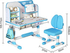 Kids Functional Desk and Chair Set, Ergonomic Height Adjustable Children School Study Desk with Storage, Book Stand, Metal Hook and Drawer for Boys Girls (Blue)