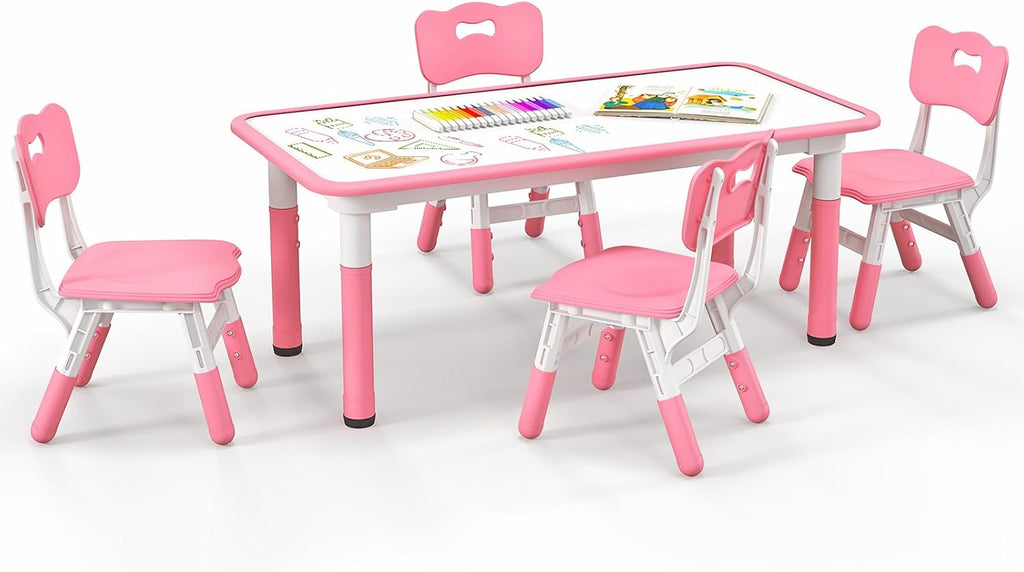 KOTEK Kids Table and Chairs Set of 4, Height Adjustable Children Activity Table & Play Table with Graffiti Desktop, Toddler Table and Chair Set for Daycare, Playroom, Home, Preschool (Pink)