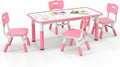 KOTEK Kids Table and Chairs Set of 4, Height Adjustable Children Activity Table & Play Table with Graffiti Desktop, Toddler Table and Chair Set for Daycare, Playroom, Home, Preschool (Pink)