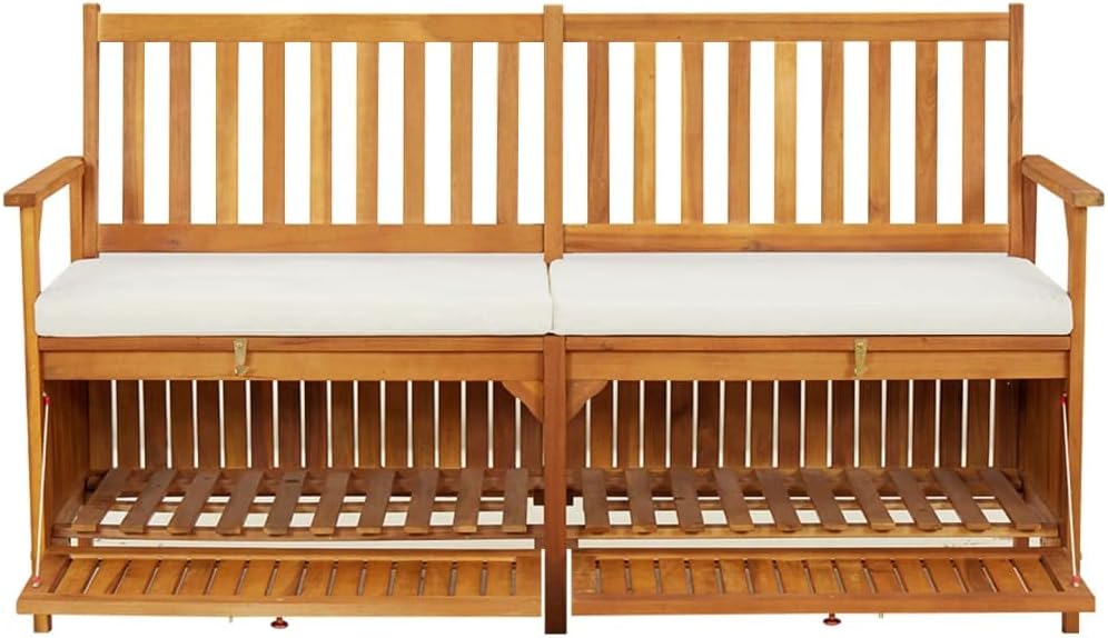 Storage Bench with Cushion 58.3 Inch Solid Acacia Wood Durable Patio Furniture Outdoor Bench Seat for Garden Porch Front Porch Furniture