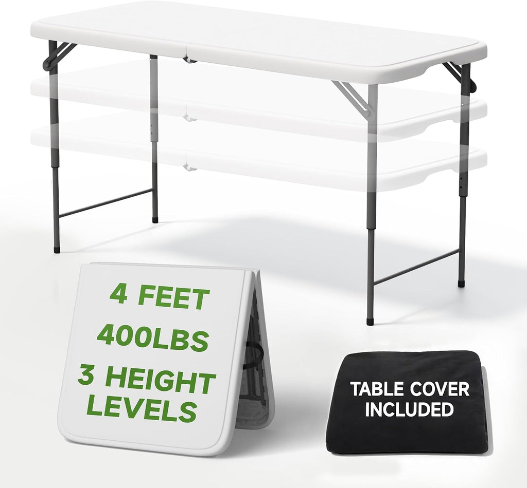 4 Foot Folding Table with Black Table Cloth- 3-Position Adjustable Height, Heavy Duty 400 lbs Capacity - Portable Folding Tables for Camping, Party, Indoor & Outdoor Use, 1 Pack