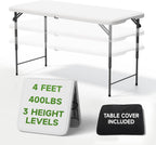 4 Foot Folding Table with Black Table Cloth- 3-Position Adjustable Height, Heavy Duty 400 lbs Capacity - Portable Folding Tables for Camping, Party, Indoor & Outdoor Use, 1 Pack