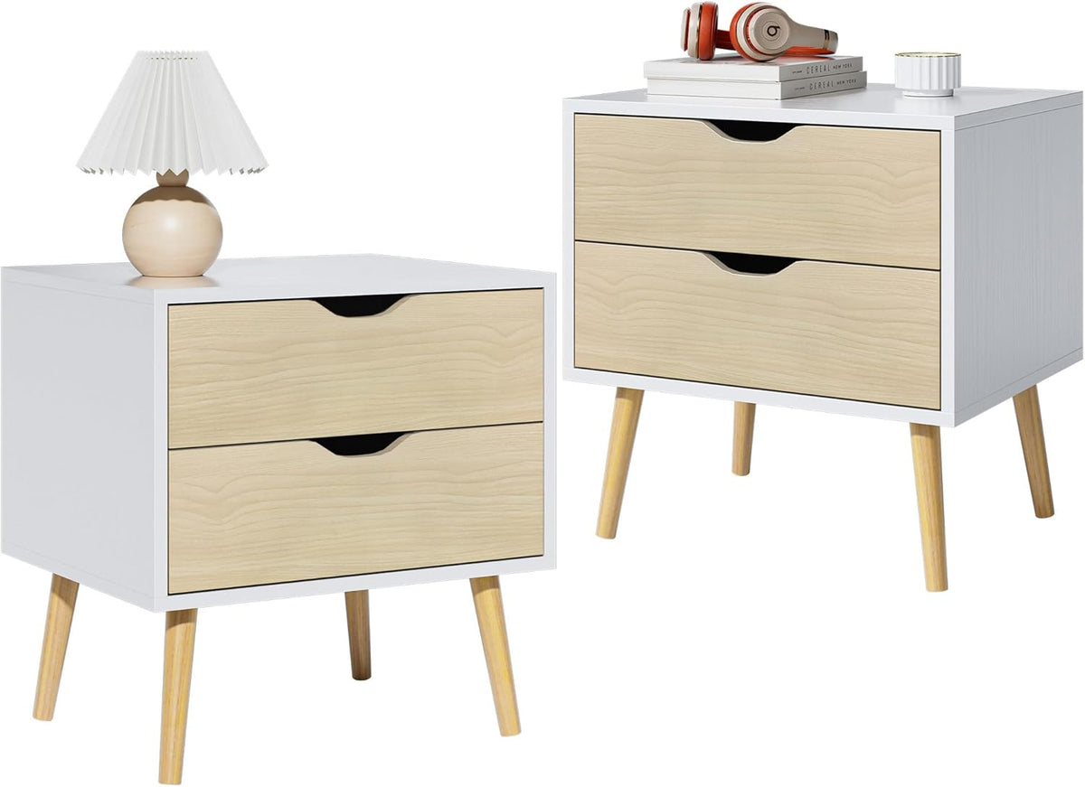 End Table Set of 2 with Storage Drawers, Modern Nightstands Small Sofa Side Tables, Accent Wooden Bedside Table for Living Room, White/Oak