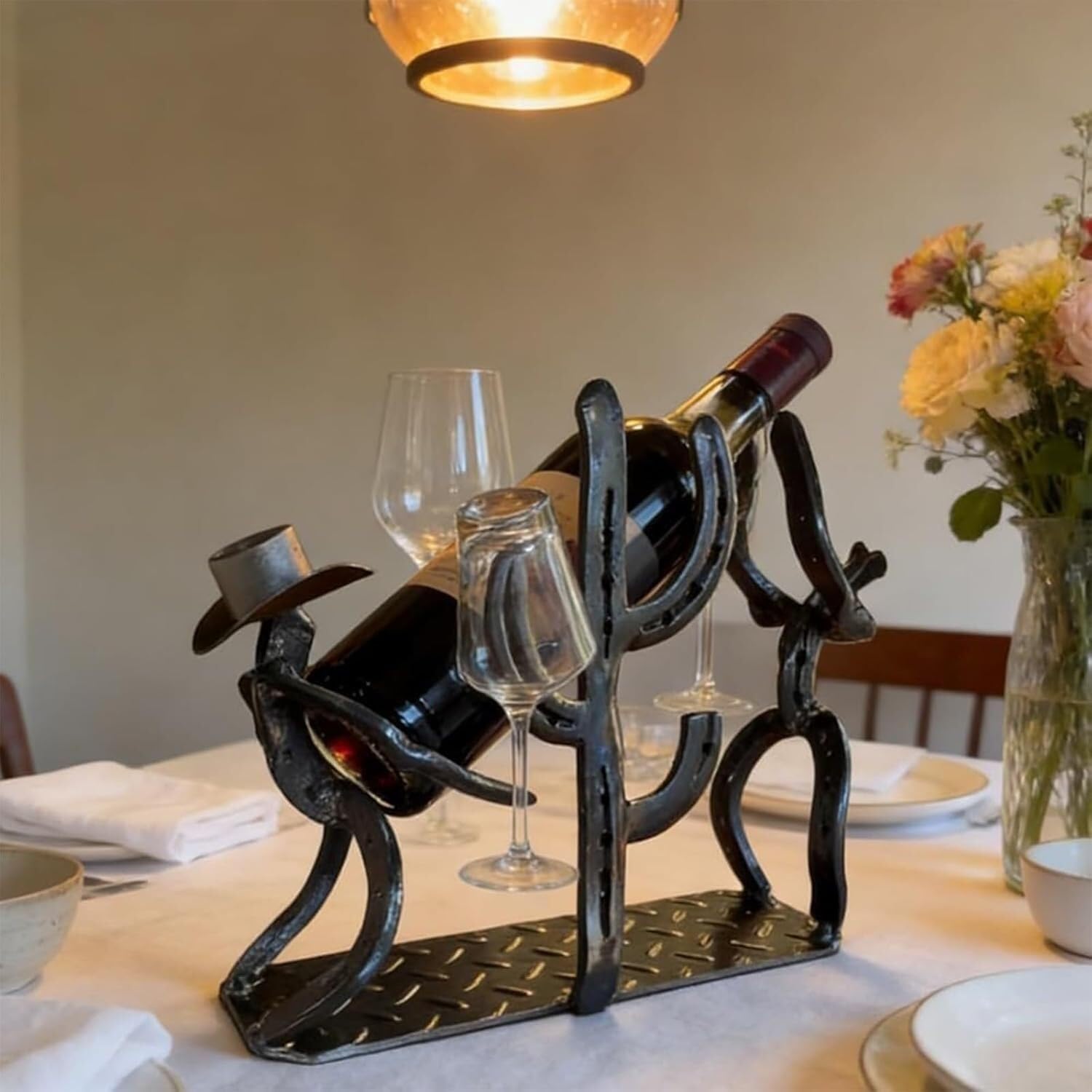 Cowboy Wine Bottle Holder Gift for Men - Heavy Duty Metal Cactus Wine Rack - Rustic Western Decor Countertop Stand - Unique Southwestern Sculpture for Bar, Kitchen, Office