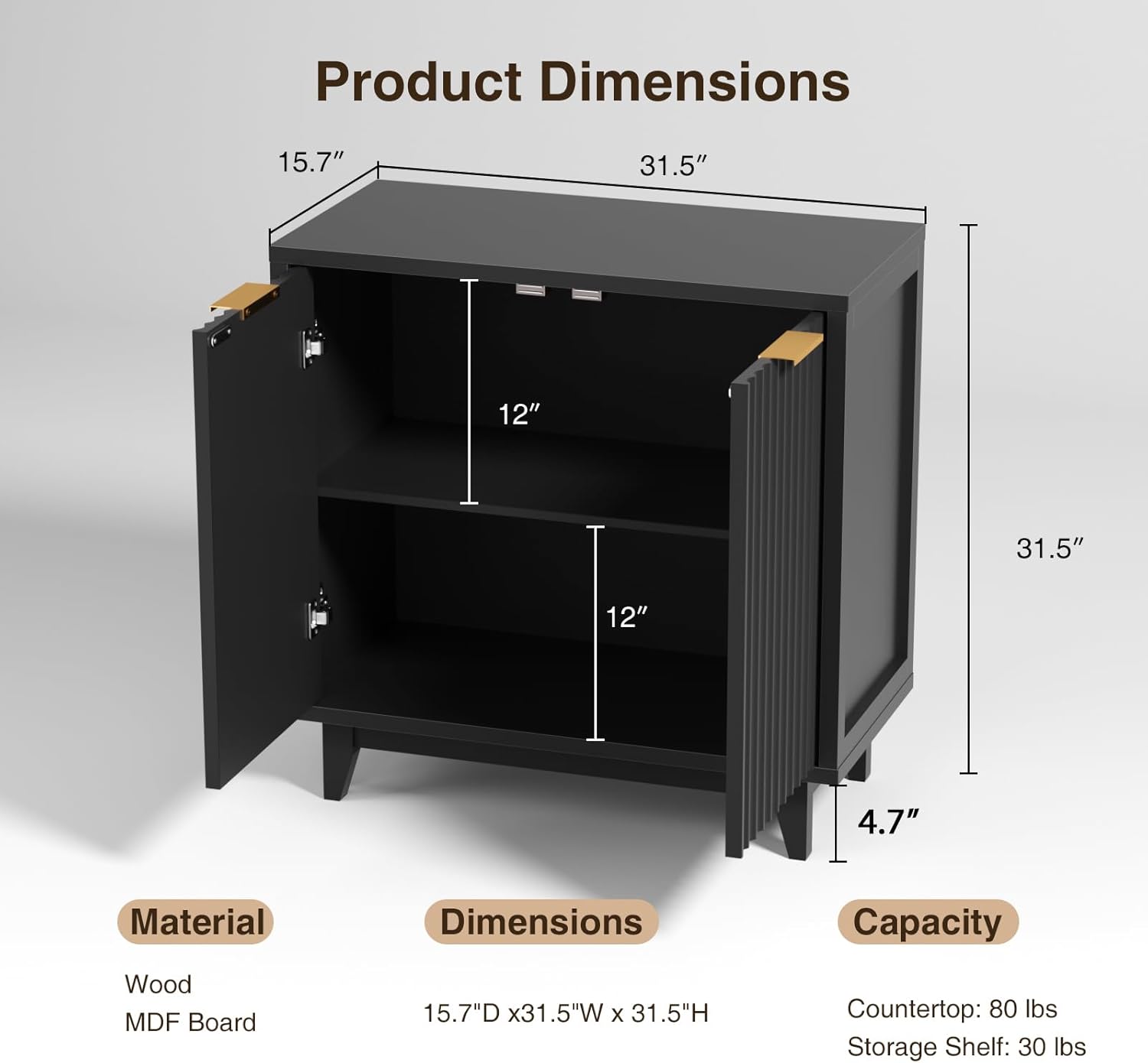 Vabches Modern Fluted Buffet Cabinet with Storage, 31.5" W Sideboard with Solid Wood Legs and Adjustable Shelf, Black Accent Cabinet for Kitchen, Living Room