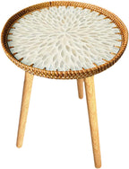 Shell Inlay Side Table, End Table, Home Decoration, Tea Table, Bedside Table for Bedroom, Garden, White Leaves 40cm