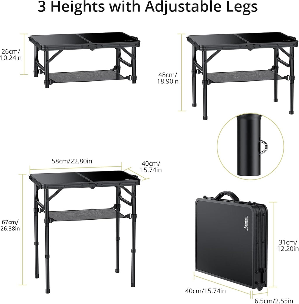 Anbte 2ft Folding Camping Table, 3 Adjustable Heights Small Folding Table | Aluminum Lightweight Folding Table, with Portable Handle & Storage Net, for Camp Beach Travel Fishing Outdoor, 23"x16", Black