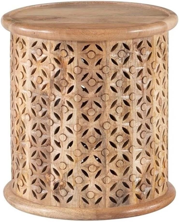 MAKLAINE Transitional Wood Hand Carved Side Table in Natural