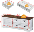 SOOWERY 48 Inch End of Bed Storage Bench, Farmhouse Bed Bench with Drawers and Cabinet, Rustic Shoe Storage Bench for Entryway, Bedroom,Living Room, White