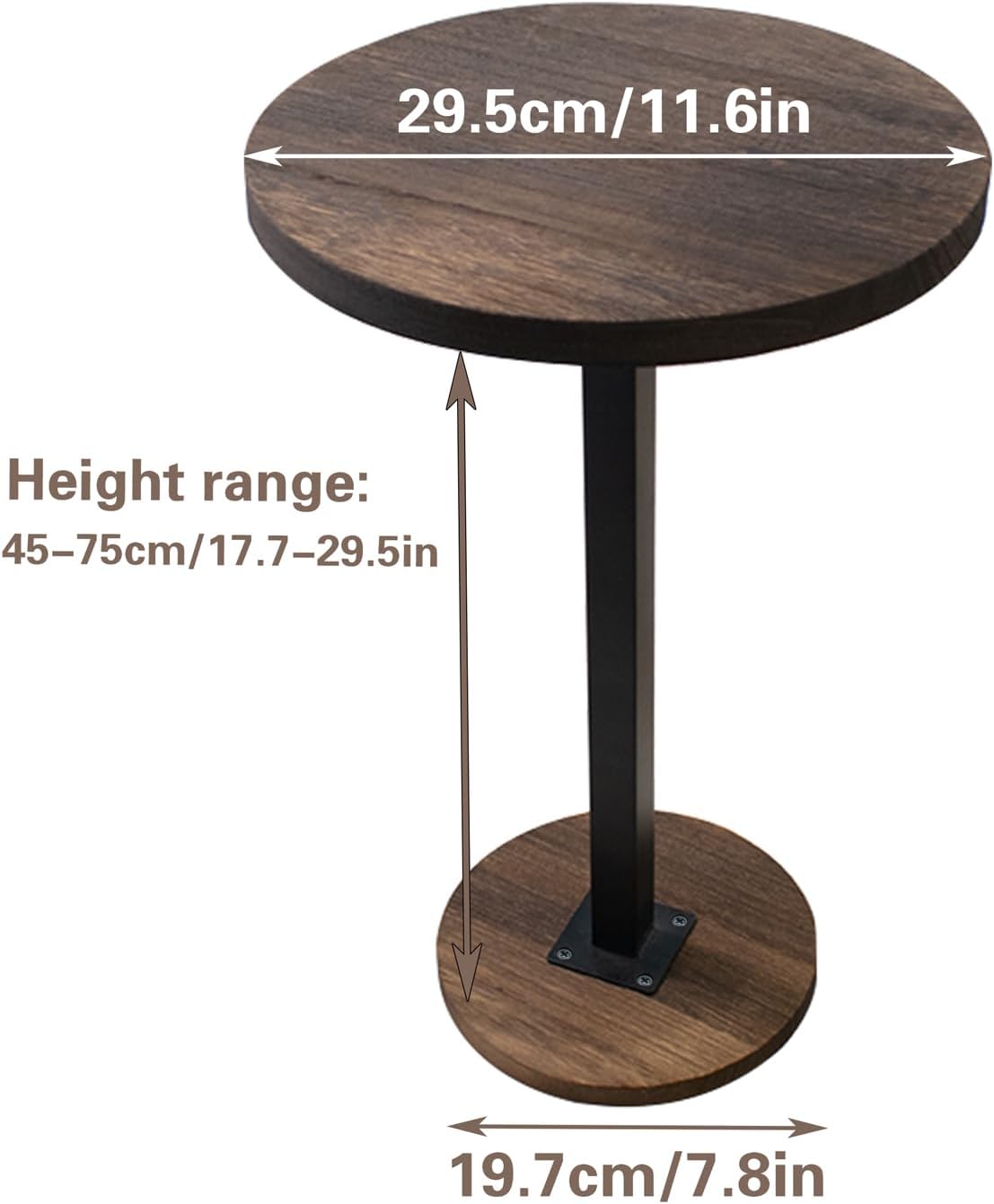 Small Side End Table, Adjustable Height and 360° Swivel Drink Desk for Small and Narrow Space, 11.7 Inch Diameter Rustic Round Table for Bar, Cafe, Living Room Sofa, Bedroom Nightstand