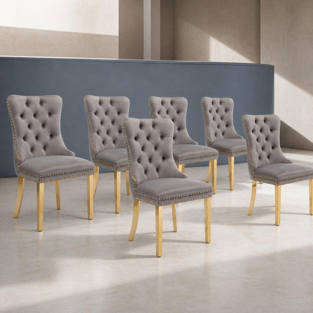 Upholstered Dining Chairs Set of 6, Velvet Wingback Chair with Ring Pull | Kitchen Chairs, Dining Room Chairs, Modern Dining Chair, Dinning Seat, Sillas de Comedor, Taupe Velvet, Gold Tube Legs