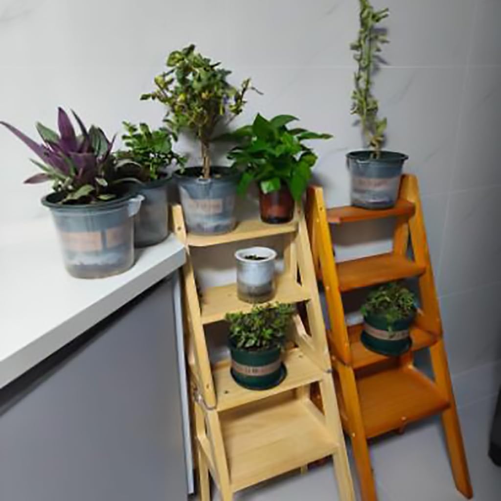 Solid Wood Foldable 4-Step Dual-Purpose Ladder Chair: for Library, as Step, Stool, Display Stand, Flower Stand (87 * 34 * 44.5cm, 90 * 35 * 46cm),Honey color-87 * 34 * 44.5cm