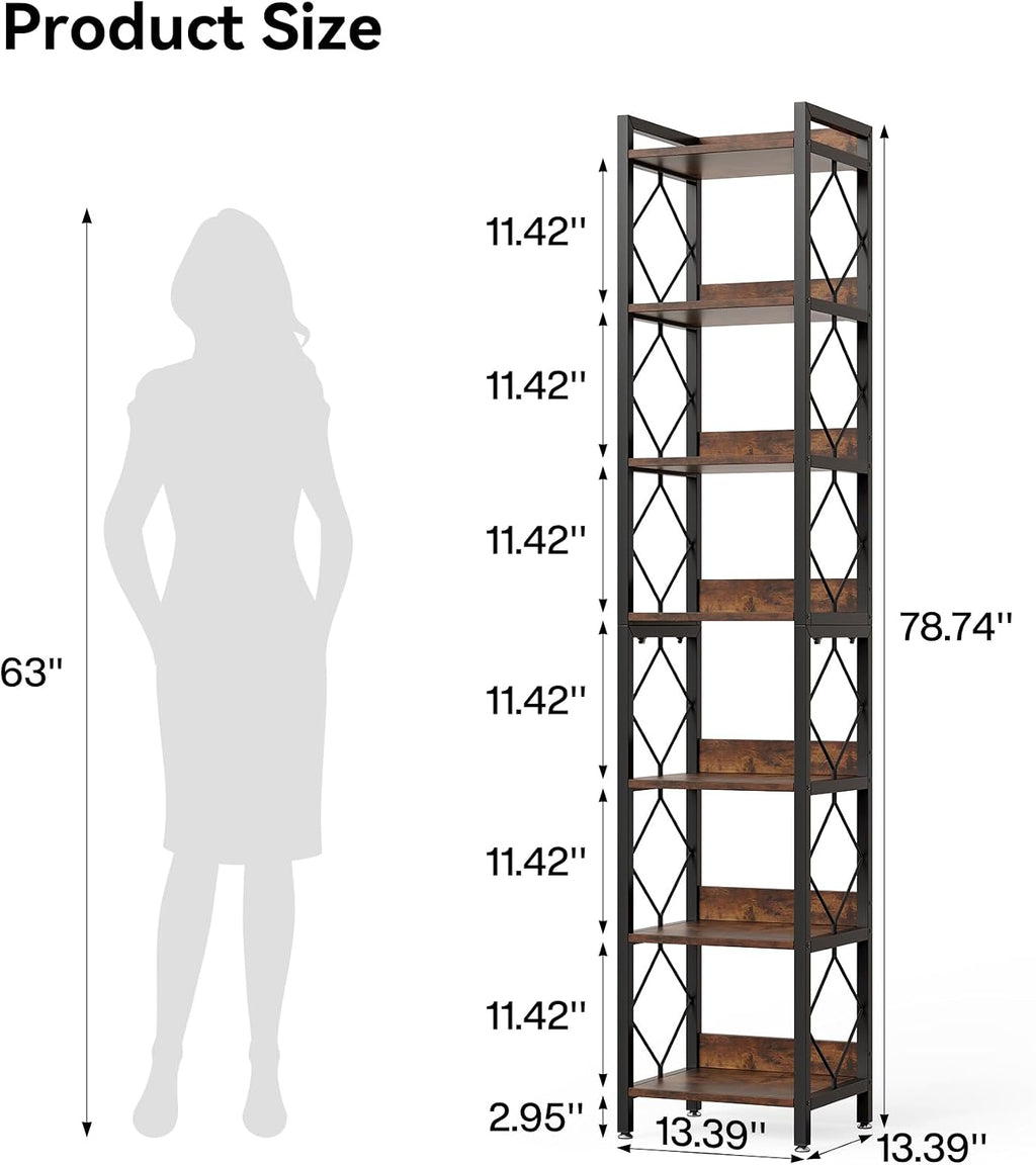 LITTLE TREE Corner Book Shelf, 78.7" Tall Narrow Bookcase, 7-Tier Skinny Wooden Display Shelves with Sturdy Metal Frame for Living Room, Modern Slim Standing Bookshelves for Office Shelf, Small Spaces