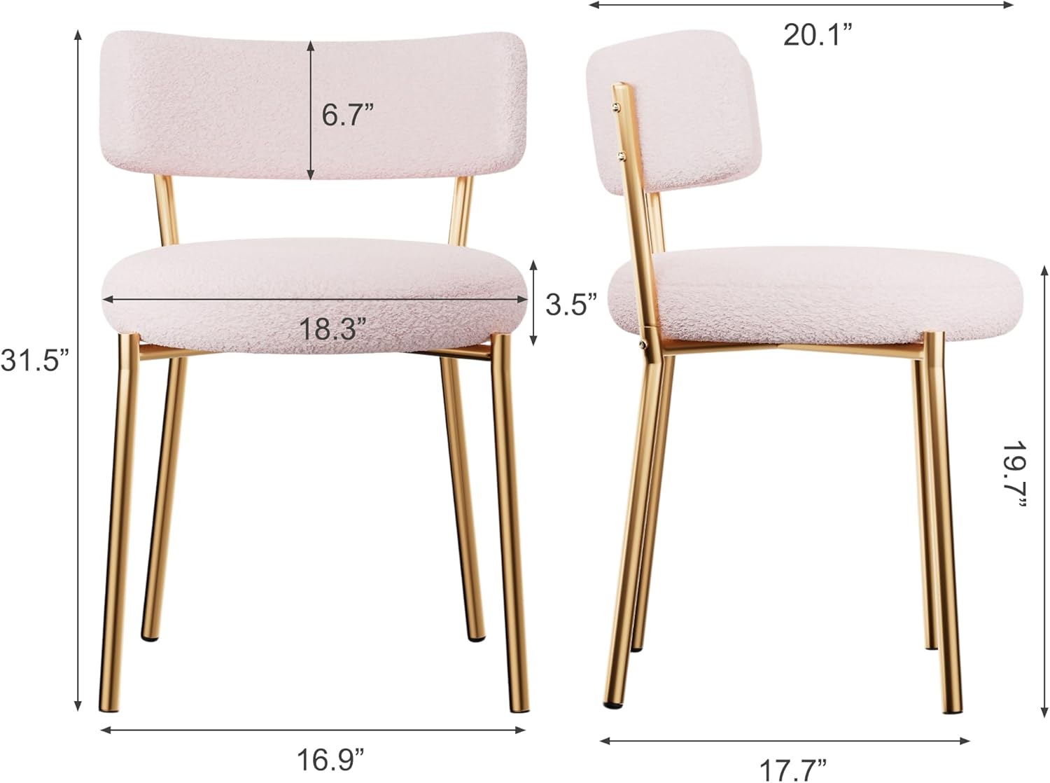 Boucle Dining Chairs Set of 2, Modern Round Upholstered Dining Chairs, Curved Backrest Kitchen Dining Room Chairs, Mid-Century Pink Dining Chair with Golden Metal Legs
