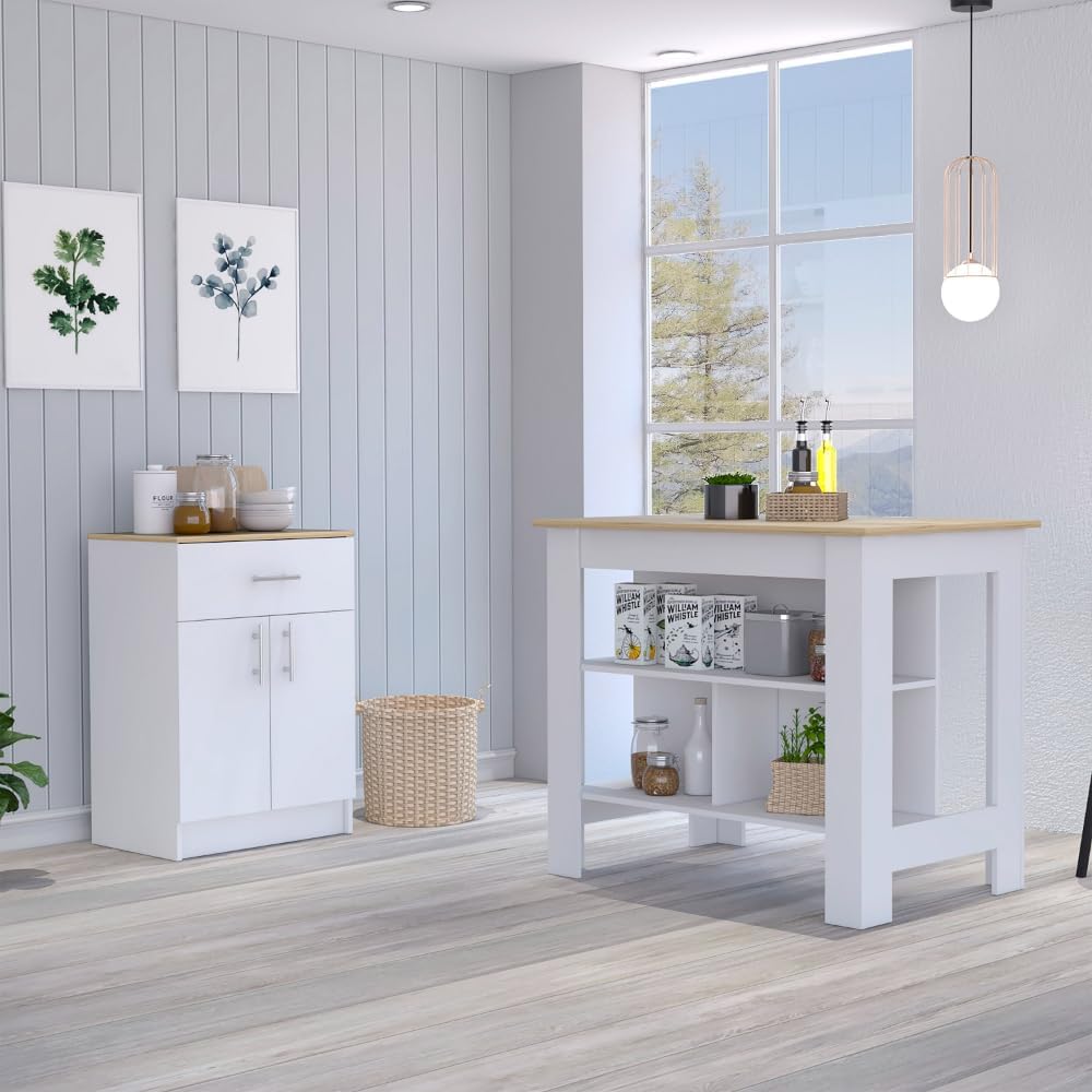 2 Piece Kitchen Set with Island and Pantry Cabinet, White/Light Oak | Includes interlocking mechanism for assembly without tools