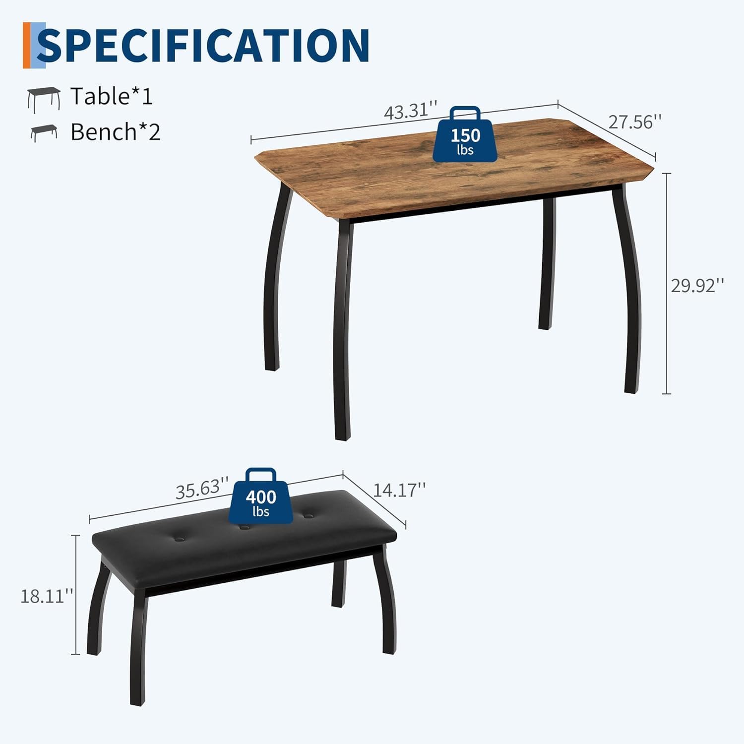 Dining Table for 4, 3-Piece Kitchen Table Set for 4 with Wooden Tabletop and Metal Frame, Industrial Kitchen Table with 2 PU Leather Benches for Bar, Dining Room, Restaurant(43''x28''x30''), Retro