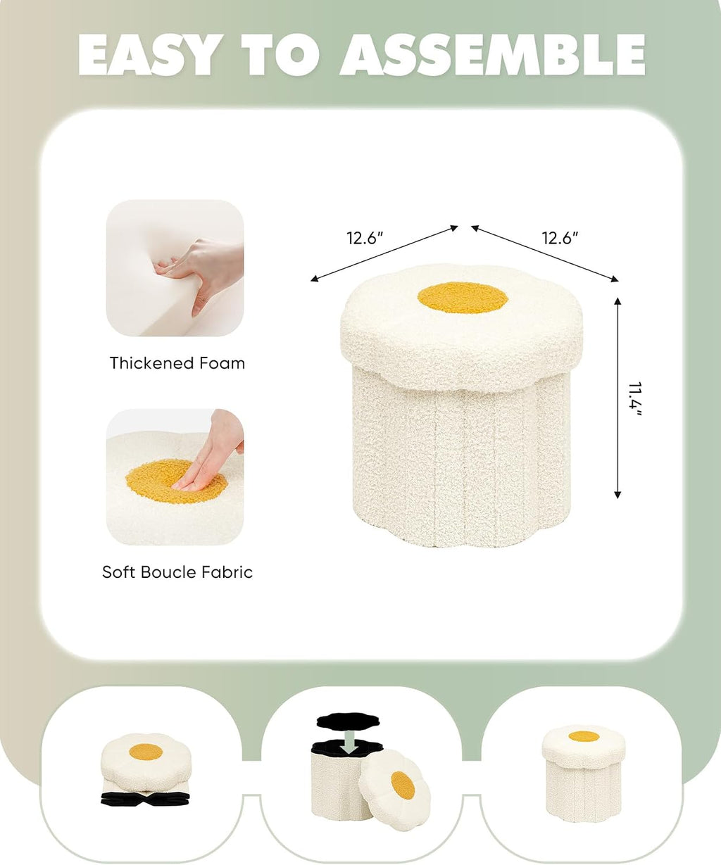 B FSOBEIIALEO Storage Ottoman Cube, 12.6" Ottoman with Storage, Cream White | Sunflower Shaped Footstool，Small Ottomans for Dorm , Faux Teddy Fur, Collapsible Folding Pouf Seat,Living Room, Entryway