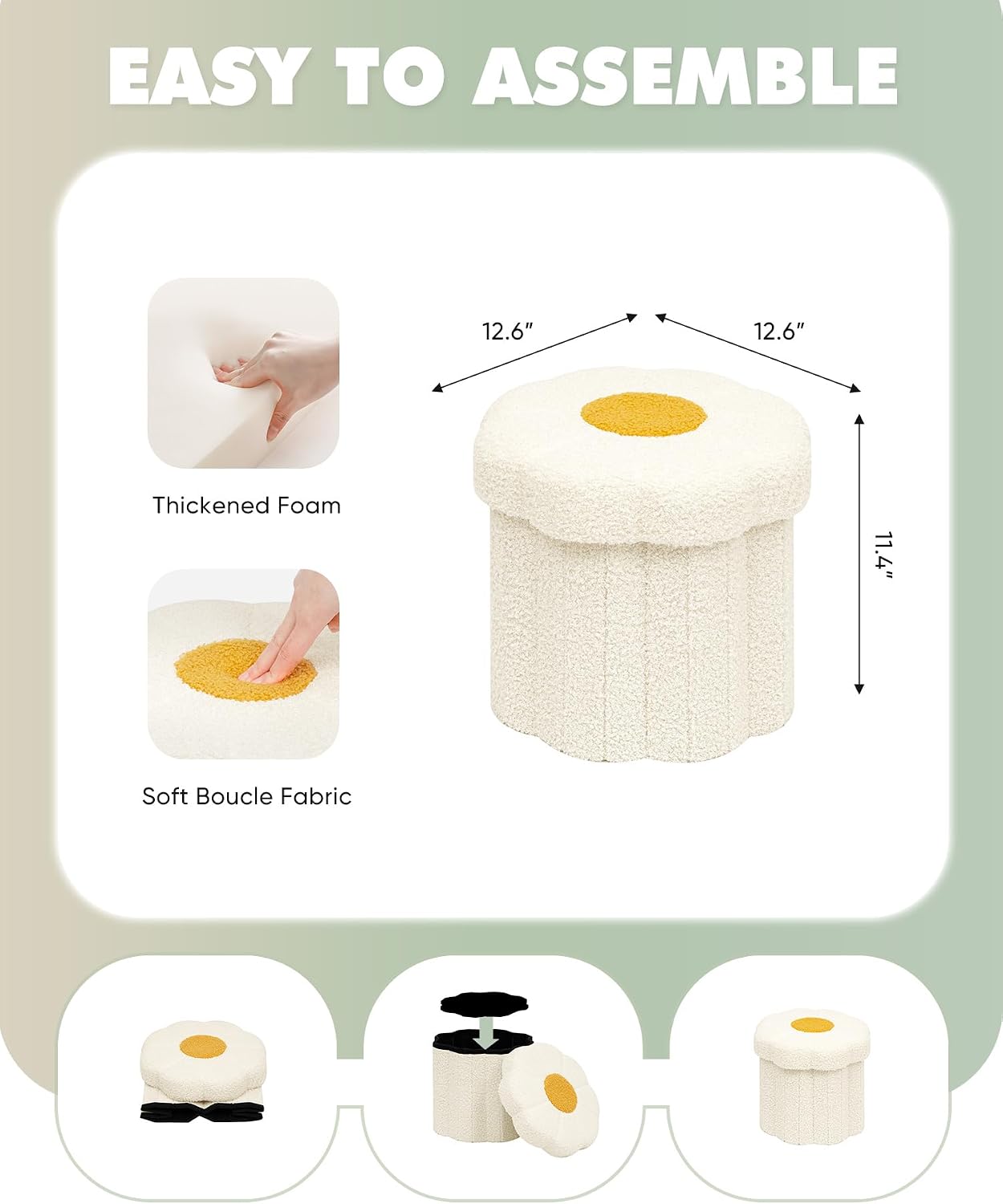 B FSOBEIIALEO Storage Ottoman Cube, 12.6" Ottoman with Storage, Cream White | Sunflower Shaped Footstool，Small Ottomans for Dorm , Faux Teddy Fur, Collapsible Folding Pouf Seat,Living Room, Entryway
