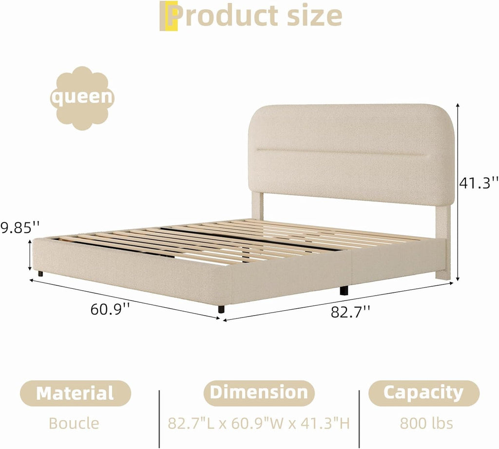 HOMBCK Queen Size Cloud Bed Frame, Cream Plush Boucle Upholstered Platform Bed, Adjustable Padded Headboard, Solid Wood Slat Support, Rounded Corners, Low‑Profile Design, No Box Spring Needed