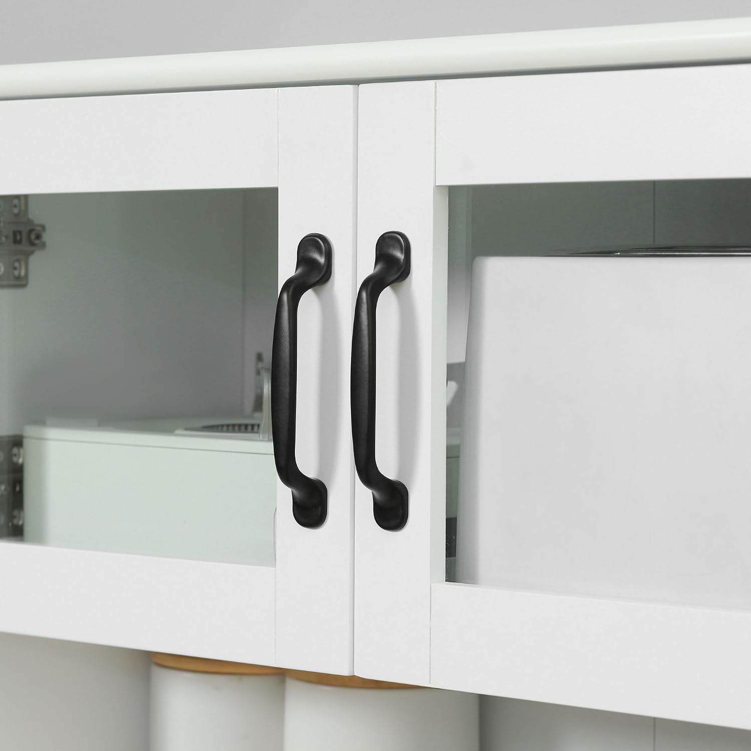 63.5in Premium Sleek 4-Door White Freestanding Kitchen Buffet Cabinet with Hutch Adjustable Shelves & Coffee Bar Modern Design
