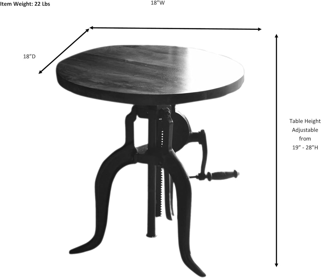 Carolina Chair & Table Adjustable Hand Crank 18" Wooden Top Rustic Side Table - Cast Iron Base Round Accent Table for Farmhouse, Living Room, or Bedroom (Harvest Oak/Industrial)