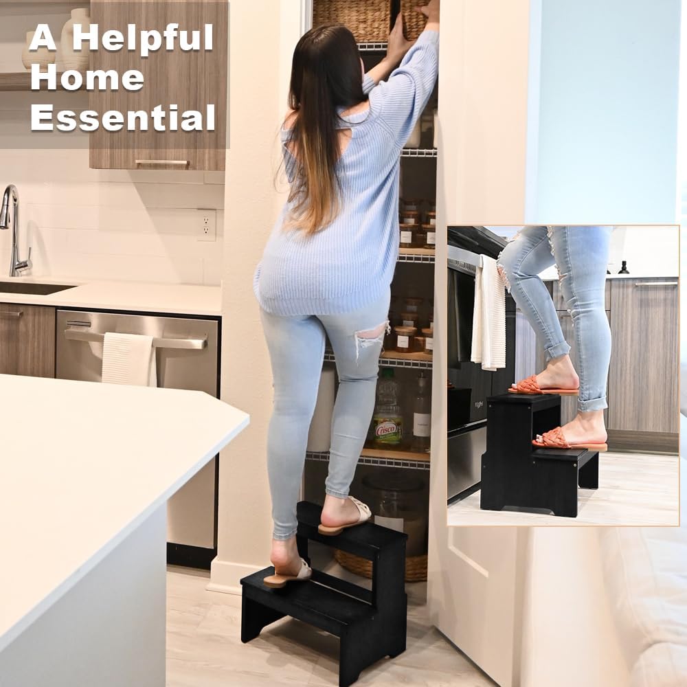 StrongTek Bamboo 2 Step Stool, Non-Slip, 350 lb Capacity, Black | Bed Steps for High Beds for Adults, Non-Slip Feet, Easy Assembly for Kitchen, Bedside, Pantry, Closet and Bathroom Use
