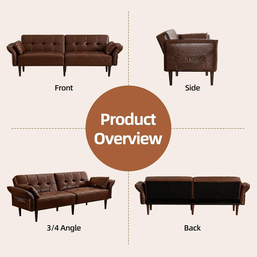 HALLYBEE 85" Futon Faux Leather Couch with Adjustable Armrests Red Brown | Futon Sofa Bed, Sleeper Sofa, Small Couch with Pillows, Side Pockets, Mid Century Modern, Living Room, Bedroom, Apartment