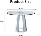 Henf Luxury Round Glass Dining Table for 4-6, Silver 47" Glass Kitchen Table with Mirrored Base, Modern Circle Dining Room Table (Table Only)
