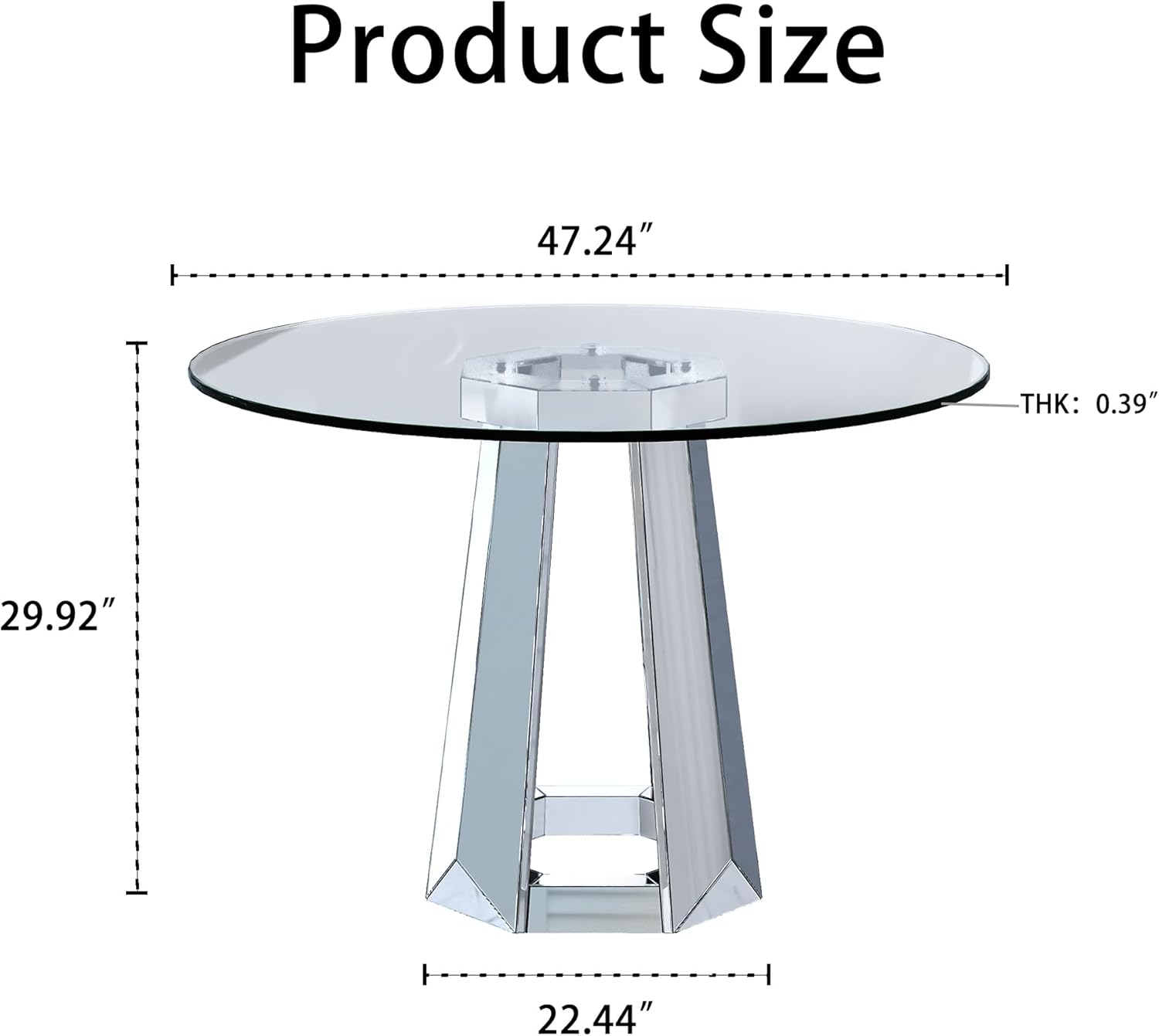 Henf Luxury Round Glass Dining Table for 4-6, Silver 47" Glass Kitchen Table with Mirrored Base, Modern Circle Dining Room Table (Table Only)