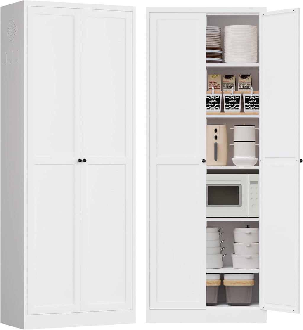 72" Tall Kitchen Pantry Cabinet,White Metal Pantry Cabinet with 2 Doors & 5 Adjustable Shelves,Utility Storage Cabinet for Living Room,Garage,Basement