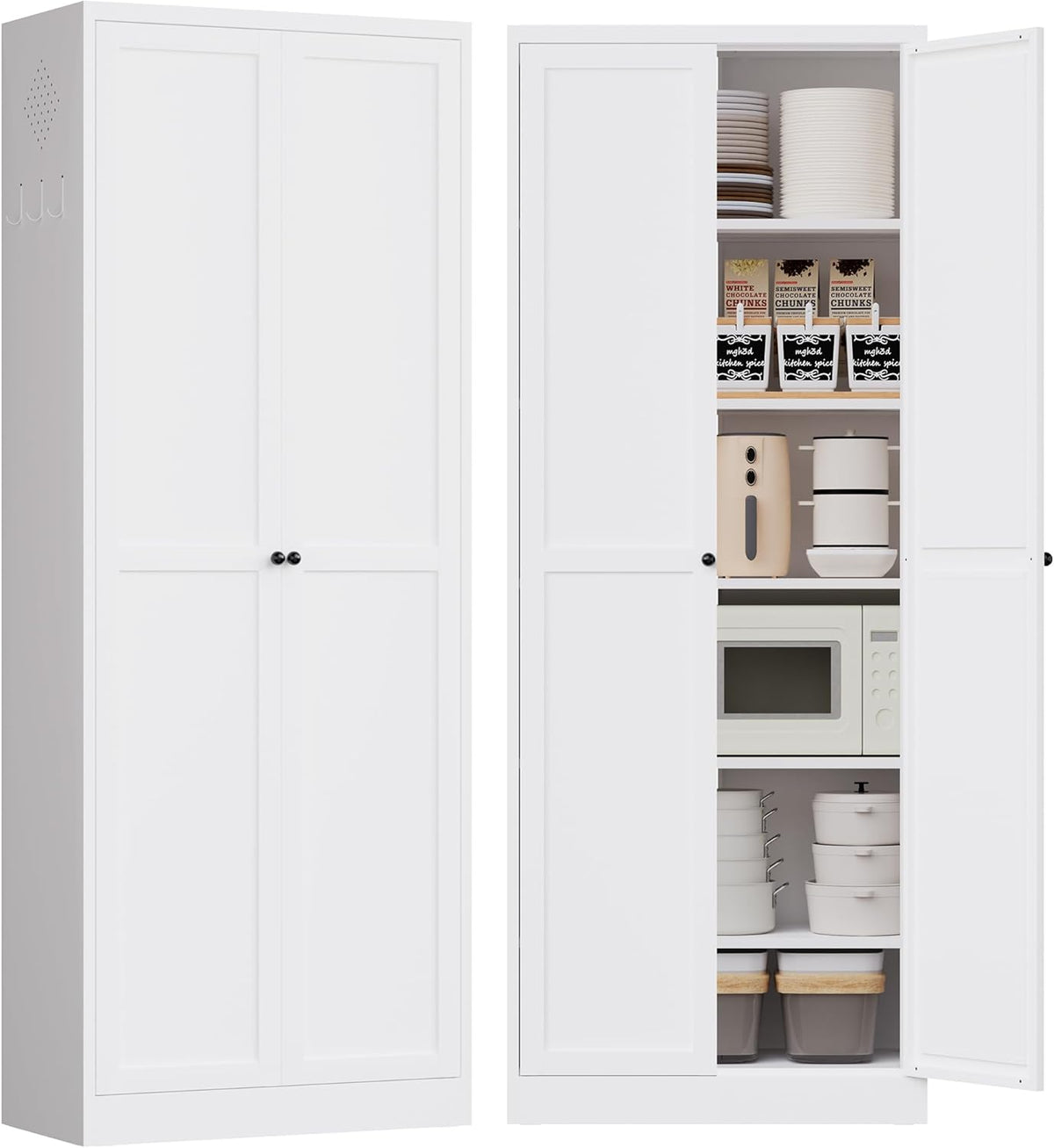 72" Tall Kitchen Pantry Cabinet,White Metal Pantry Cabinet with 2 Doors & 5 Adjustable Shelves,Utility Storage Cabinet for Living Room,Garage,Basement