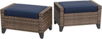 2 Pieces Modern Outdoor Wicker Patio Footstools, Multipurpose PE Rattan Ottomans Set for Poolside, Backyard and Balcony, Brown/Blue