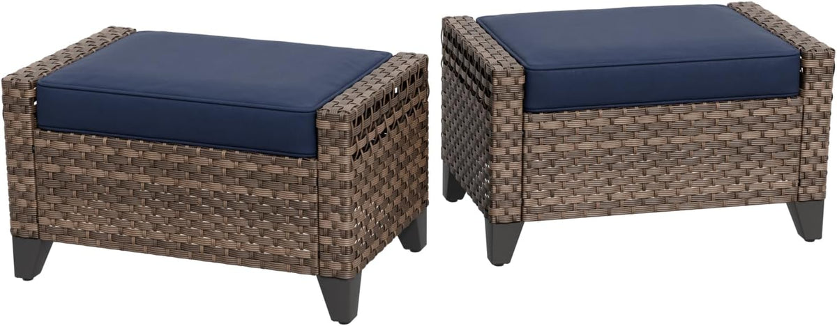 2 Pieces Modern Outdoor Wicker Patio Footstools, Multipurpose PE Rattan Ottomans Set for Poolside, Backyard and Balcony, Brown/Blue