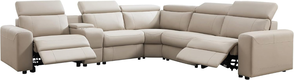 Power Reclining Sectional, Sectional Recliner, Leather Reclining Sectional | Electric Reclining Couch with Storage & USB, Console, Adjustable Headrest & Cup Holders for Living Room, 5-Seater Beige Brown