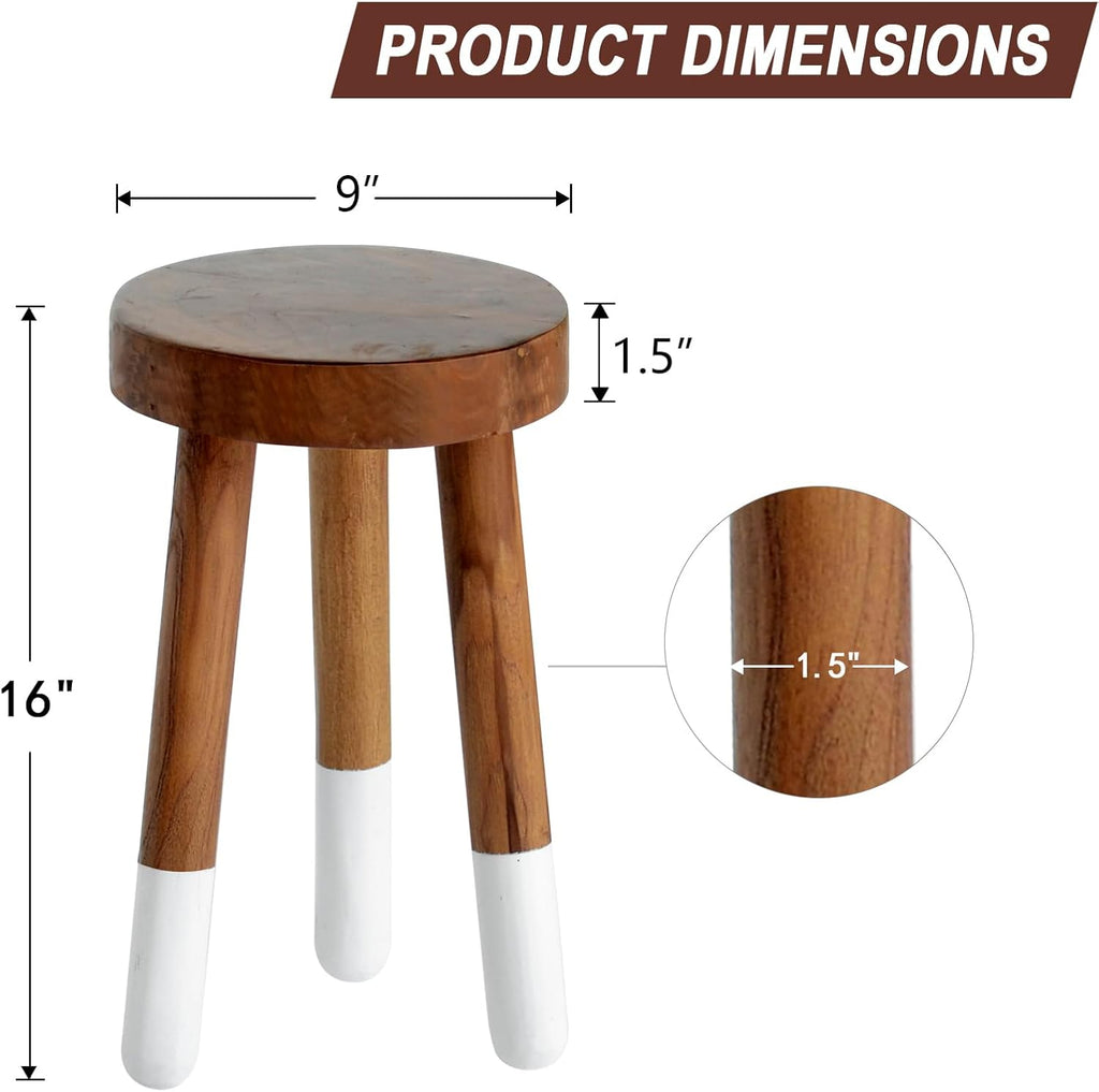 Teak Wood 9" Round Plant Stand |Dip Dyed Plant Stand |Accent Stool |Milking Stool |Bath Stool |Small Side Table (16" Tall White)