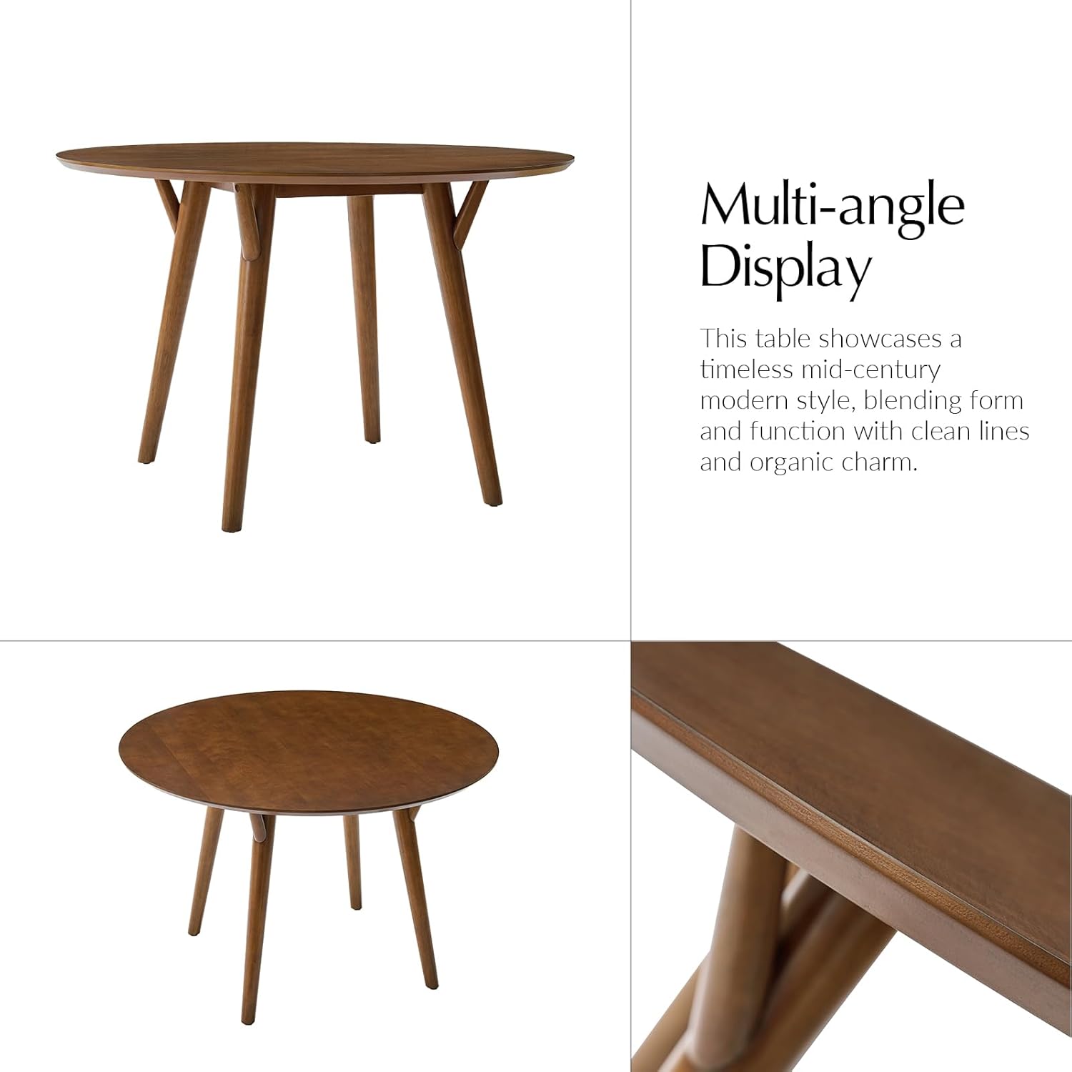 HULALA HOME Round Dining Table for 4, 45” Solid Wood Kitchen Table, Small Dinner Coffee Writing Table for Kitchen Dining Room, Save Space, Walnut