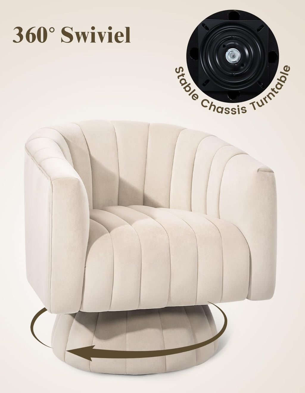 Kromax Swivel Accent Chair, Modern 360 Degree Swivel Barrel Chair, Beige | Mid Century Overstuffed Tufted Velvet Chair with Armrest, Comfy Round Armchair, Ideal for Living Room, Bedroom, Reading Room