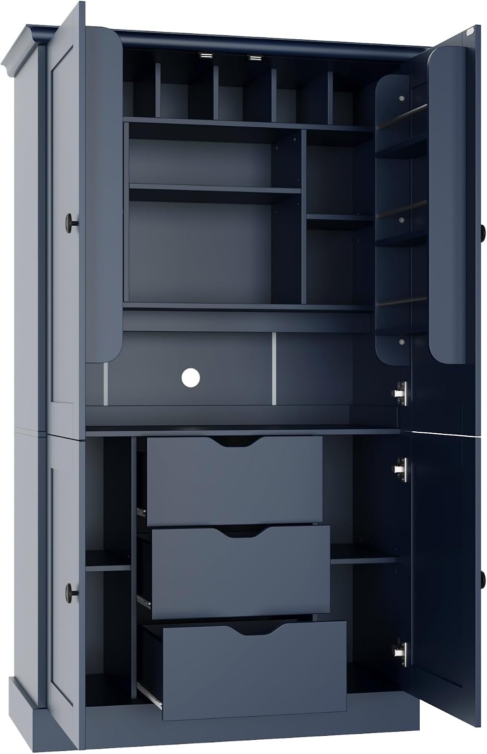 71" H Large Kitchen Pantry with 4 Doors, Freestanding Buffet with 3 Drawers, 6 Door Shelves and 6 Wine Racks, Wooden Storage Cabinet with Adjustable Shelves for Kitchen, Dining Room, Blue