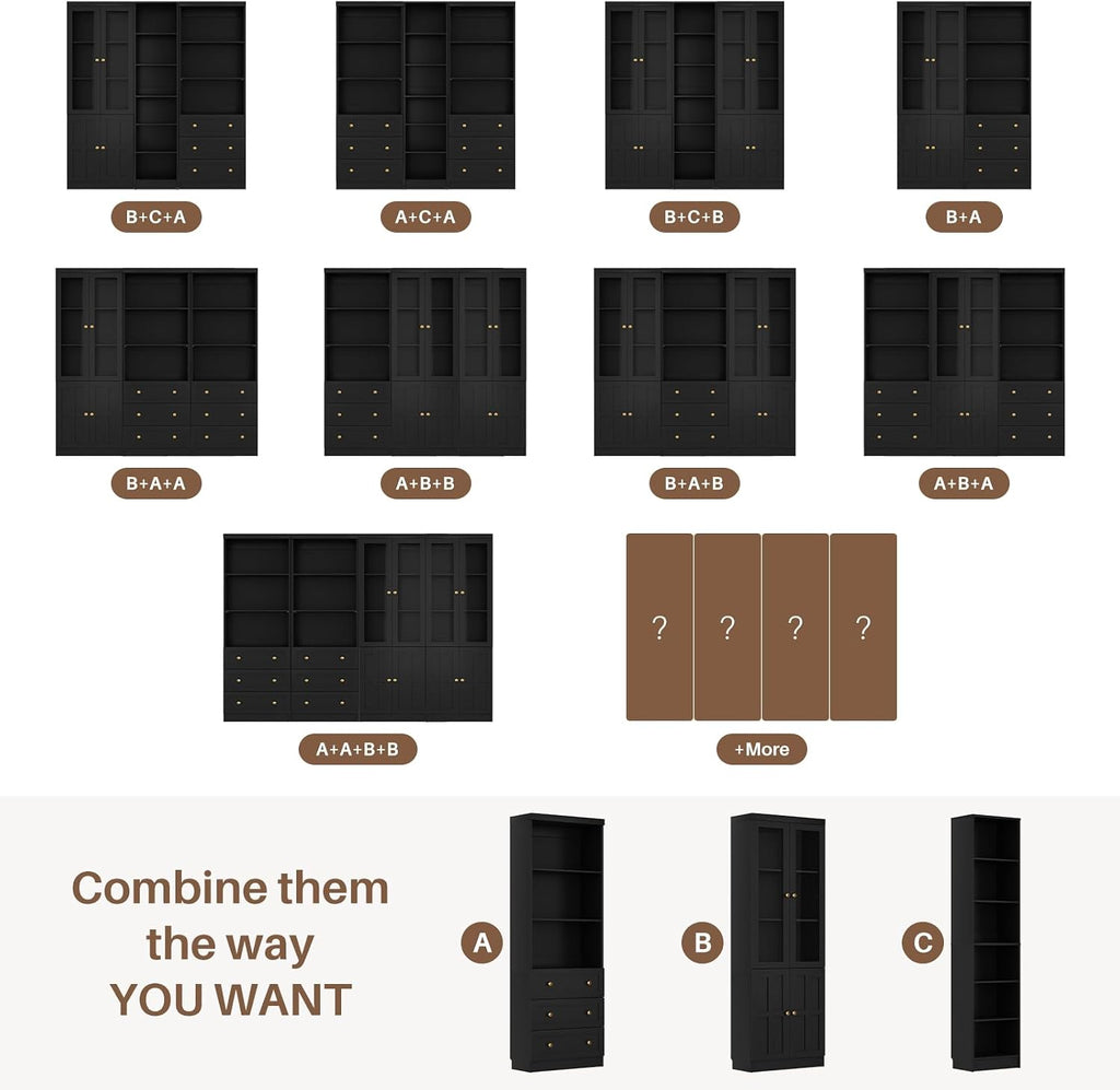 Cyclysio 80" Tall Kitchen Pantry, Large Storage Cabinets with Glass Doors, Modular Wood Pantry Cabinet with 3 Drawers & Adjustable Shelves for Living Room & Dining Room, Set of 3 (Black)