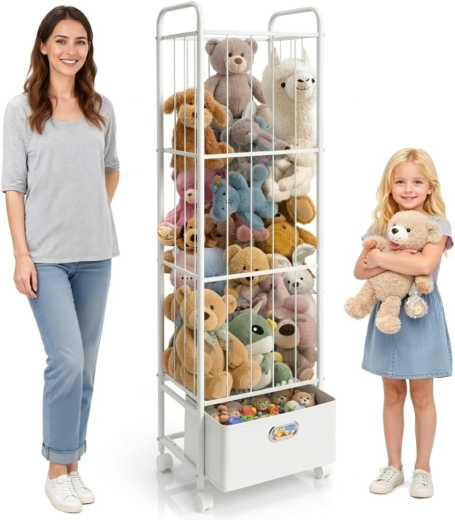 Stuffed Animal Storage, Metal Stuff Animals Zoo Holder with Fabric Drawer and Wheels Tall Vertical Plushies Toy Organizer Plush Storage Cage with Elastic Band for Nursery Playroom Corner