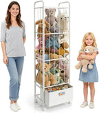 Stuffed Animal Storage, Metal Stuff Animals Zoo Holder with Fabric Drawer and Wheels Tall Vertical Plushies Toy Organizer Plush Storage Cage with Elastic Band for Nursery Playroom Corner