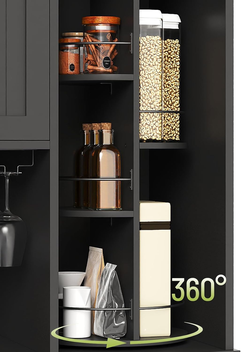 Pantry Cabinet, 67.7" Tall Kitchen Pantry Storage Cabinet with 360° Rotating Shelf & 2 Pull-Out Racks, Freestanding Kitchen Hutch with Charging Station & Drawer, for Dining Room, Black