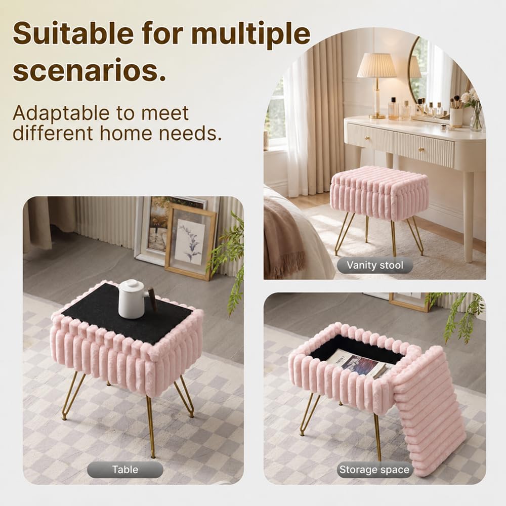 Faux Fur Storage Ottoman, Modern Soft Footstool, Storage Bench with Metal Legs, Vanity Seat, Fur Stool, Ottoman Coffee Table, Makeup Chair, Vanity Stools for Bedroom (Pink)